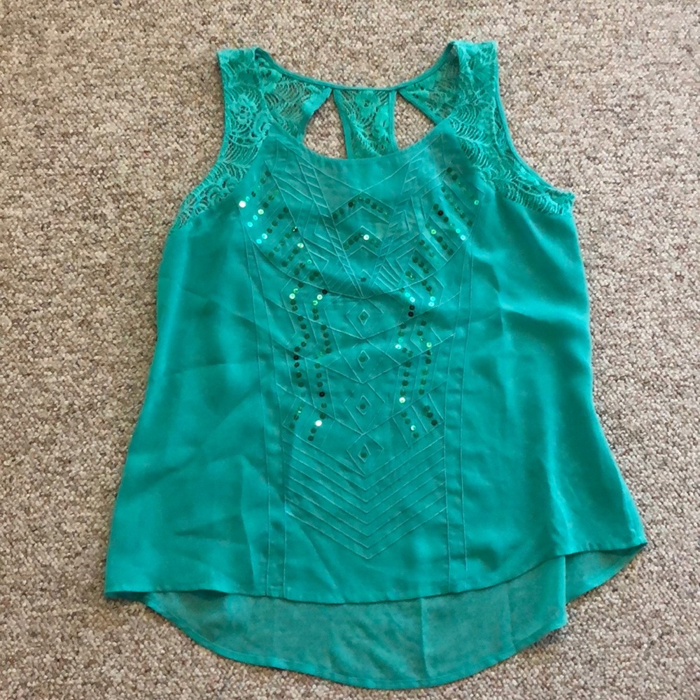 Turquoise crochet and sequined tank